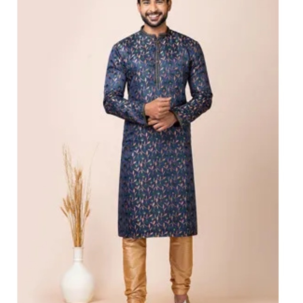 Men's Blue Printed Kurta with Gold pants